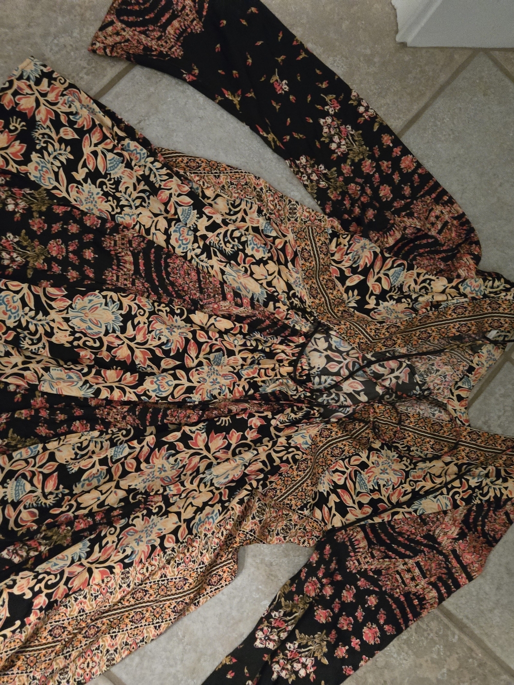 Free People Black Floral Boho Maxi Dress with Peach and Teal Accents - Picture 2 of 7